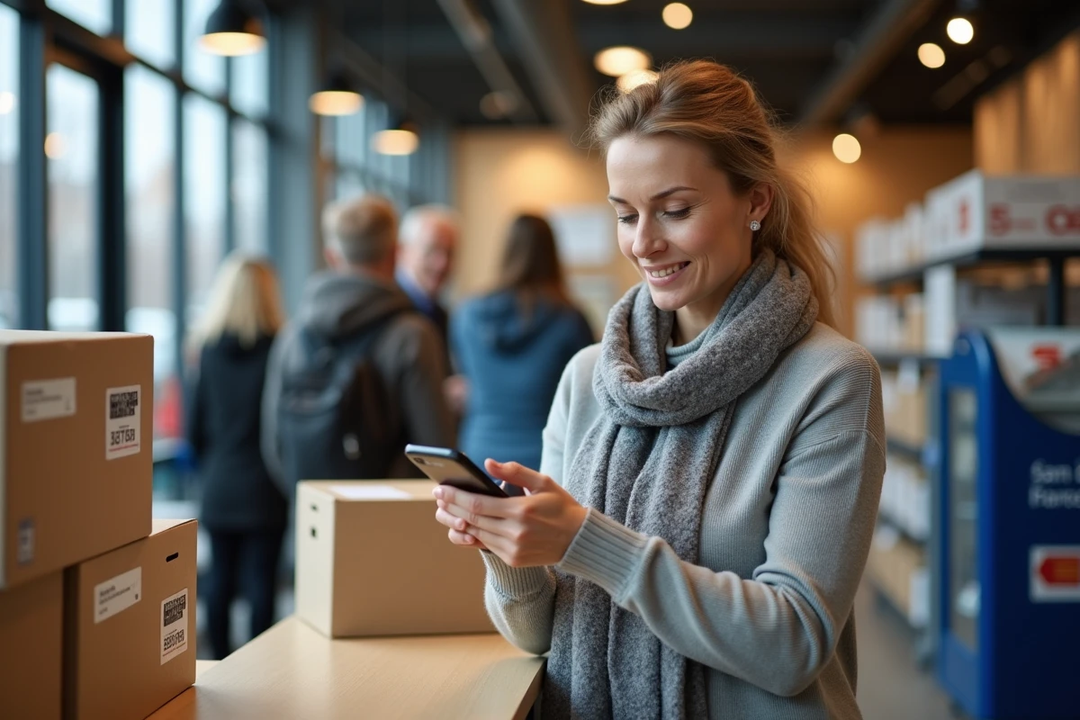 Femme au bureau de poste vérifiant un colis avec son smartphone