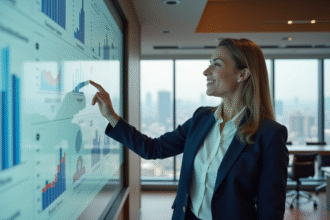 Femme en blazer navy présentant des graphiques dans une salle moderne