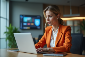 Femme d'affaires en blazer orange travaillant sur un ordinateur