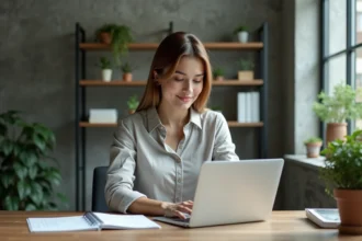 Femme professionnelle au bureau utilisant un ordinateur portable