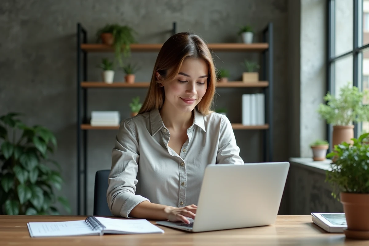 Femme professionnelle au bureau utilisant un ordinateur portable