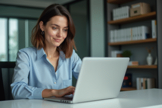 Femme professionnelle utilisant une plateforme de transcription en ligne