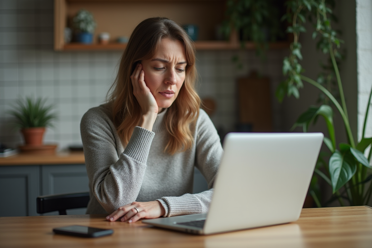 Femme réfléchie utilisant un ordinateur portable à la maison