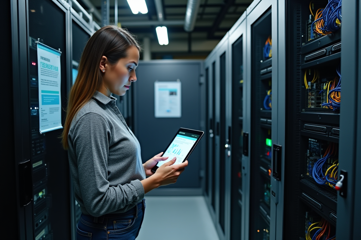 Jeune femme vérifiant un diagramme réseau dans une salle serveurs