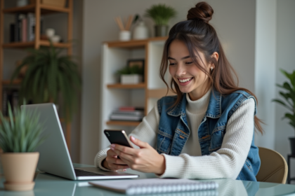 Femme assise à un bureau moderne utilisant réseaux sociaux