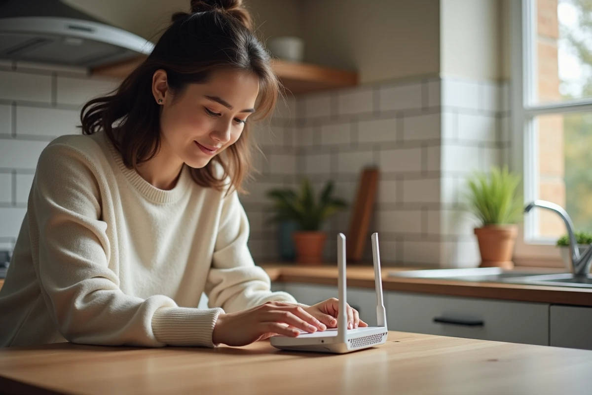 Femme examinant un routeur sans fil dans la cuisine