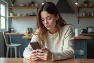 Femme assise à la maison regardant son smartphone
