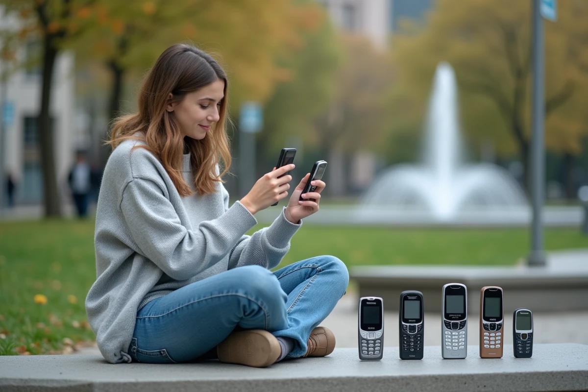 Jeune femme souriante compare des téléphones à la ville en extérieur
