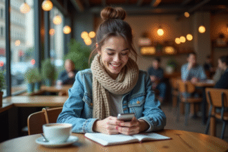 Jeune femme souriante avec smartphone dans un café