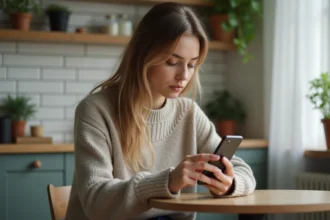 Femme concentrée utilisant son smartphone dans un appartement moderne