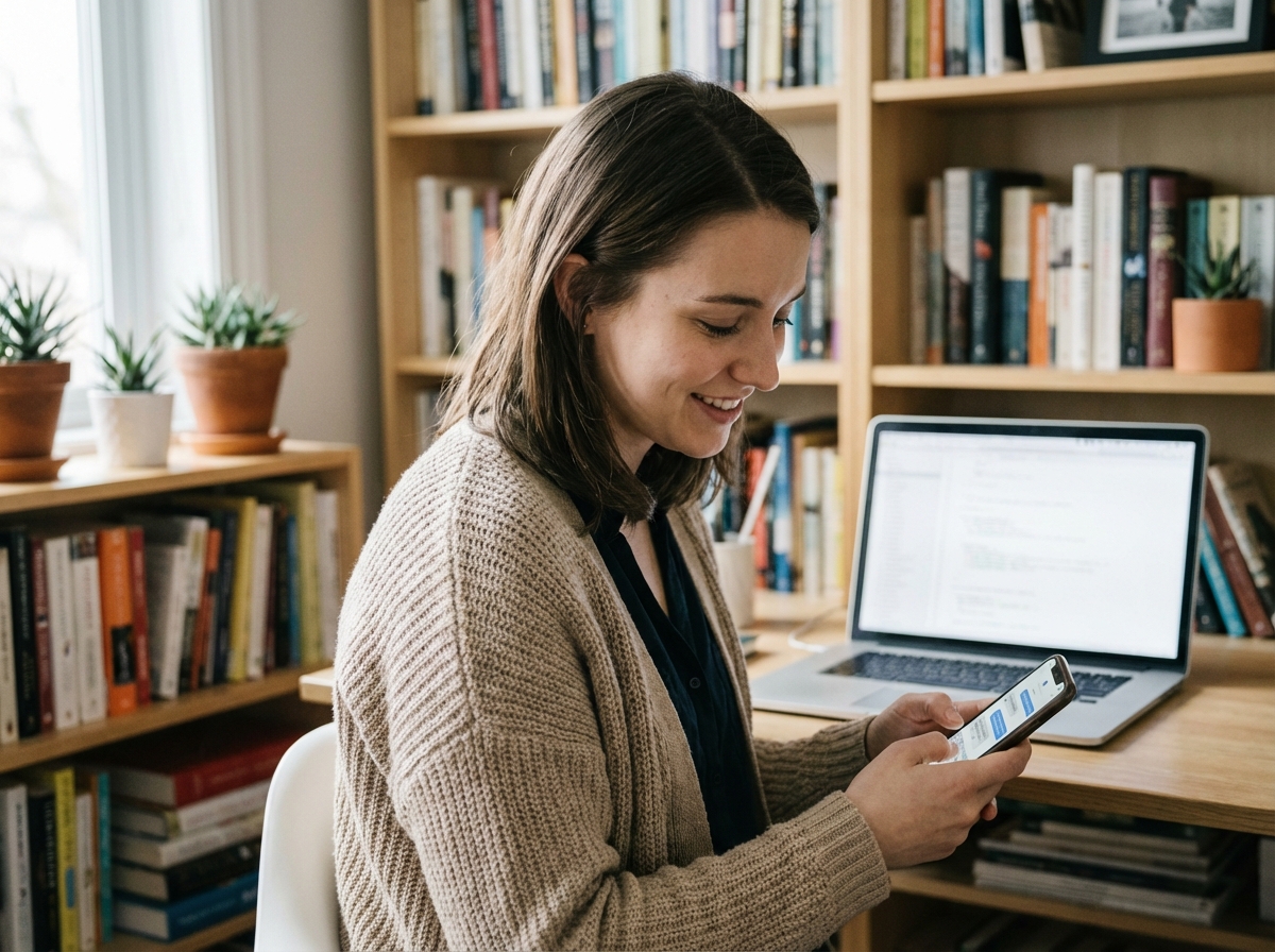 Jeune femme vérifiant notifications SMS sur son smartphone dans un bureau lumineux