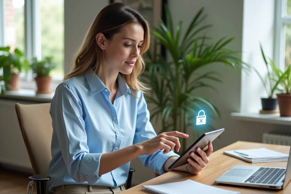 Femme utilisant une tablette avec un fichier apk dans un bureau