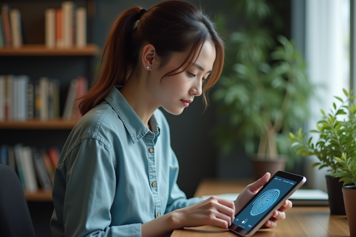 Jeune femme regardant une tablette avec reconnaissance biométrique