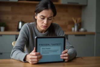 Femme frustrée tenant une tablette Samsung avec un message d'erreur lors d'une réinitialisation qui ne fonctionne pas