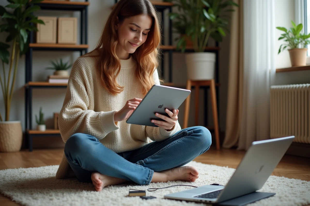 Jeune femme vérifiant ses appareils technologiques à la maison
