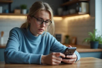 Femme concentrée examinant une carte SIM avec son téléphone Motorola