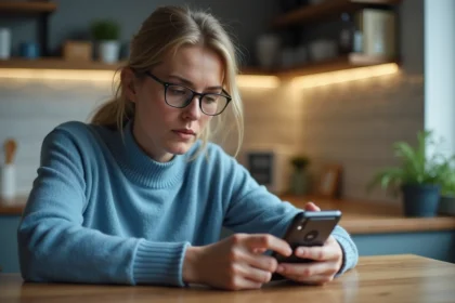 Femme concentrée examinant une carte SIM avec son téléphone Motorola