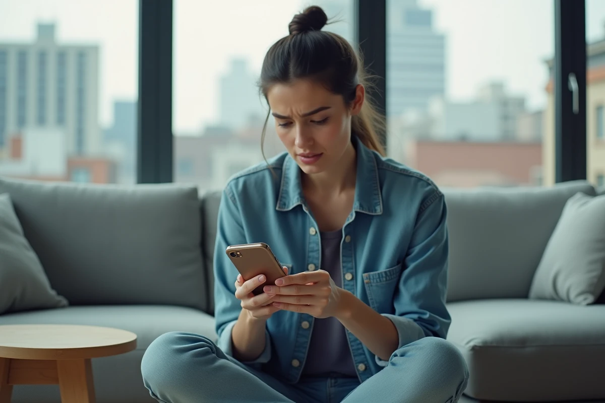Jeune femme regardant une barre de téléchargement sur son smartphone dans un salon moderne, symbolisant les questions juridiques liées au téléchargement de contenus vidéo
