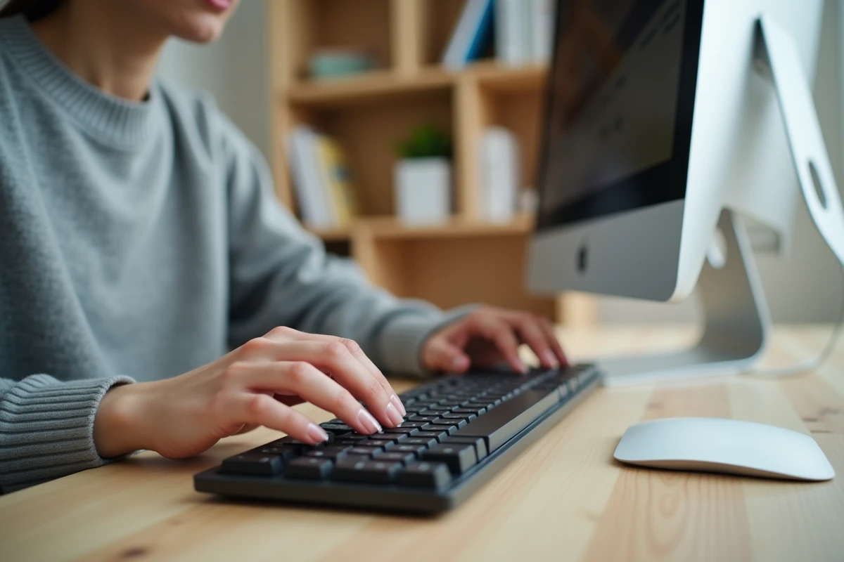 Femme utilisant la touche Shift sur un clavier mécanique dans un bureau à domicile