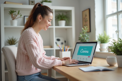 Femme travaillant sur un ordinateur portable avec Canva dans un bureau lumineux