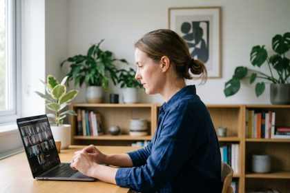 Femme en travail virtuel dans un décor scandinave moderne