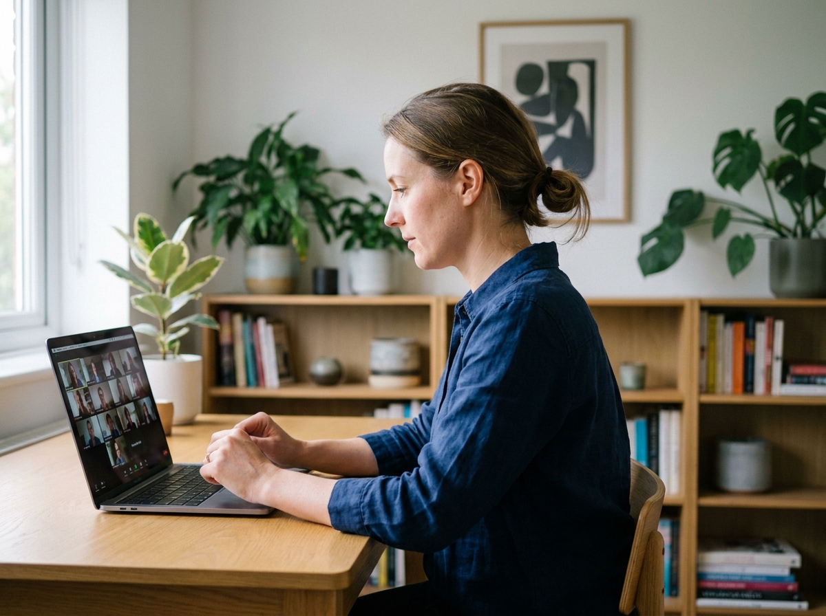 Femme en travail virtuel dans un décor scandinave moderne