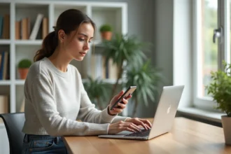 Jeune femme concentrée sur son ordinateur dans un bureau moderne