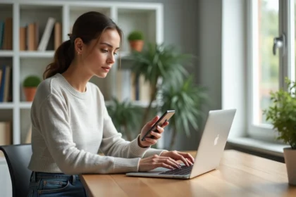 Jeune femme concentrée sur son ordinateur dans un bureau moderne