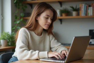 Jeune femme travaillant sur un laptop dans une cuisine moderne