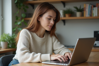 Jeune femme travaillant sur un laptop dans une cuisine moderne