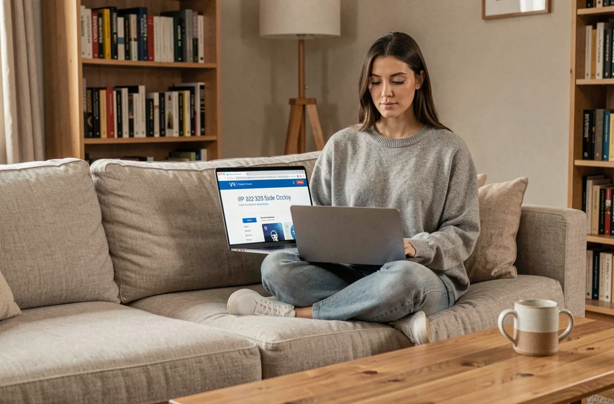 Femme utilisant un VPN sur son ordinateur portable dans un salon confortable pour protéger son adresse IP sans ralentir la connexion