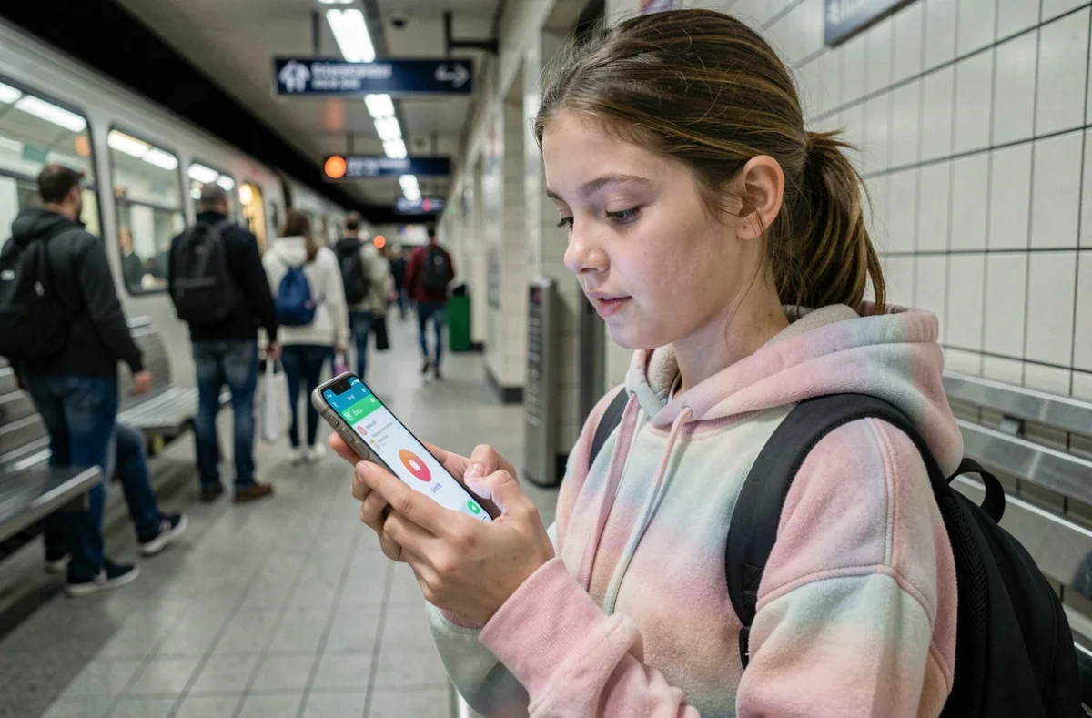 Jeune fille utilisant l'application Find My sur iPhone dans une station de métro