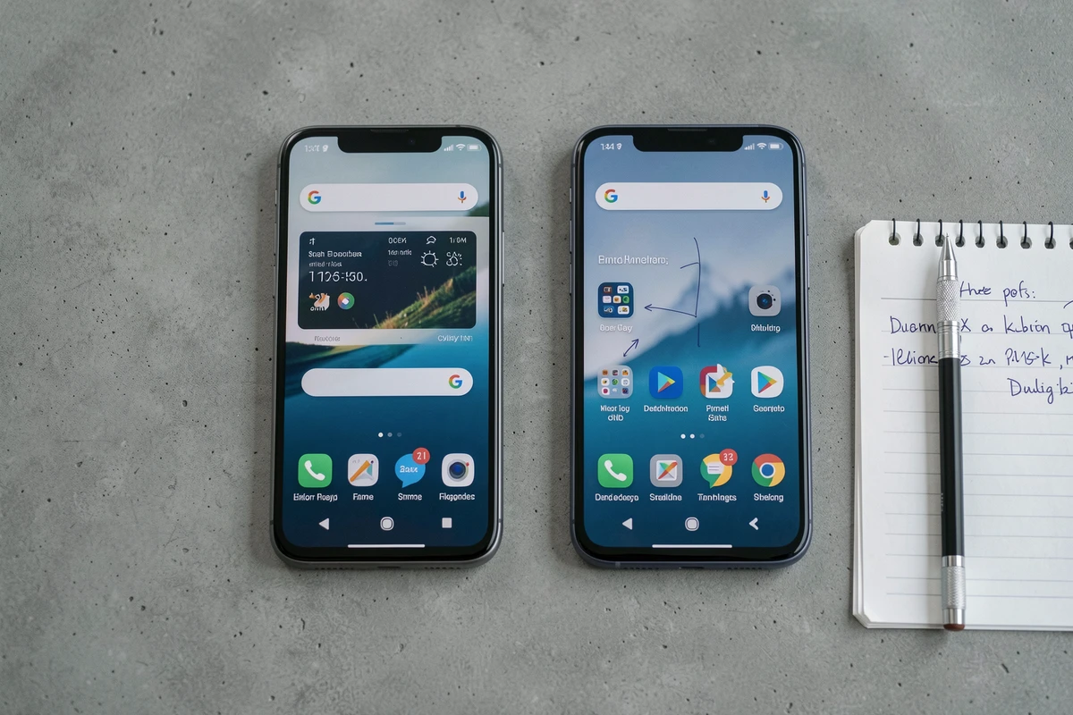Comparaison à plat du Google Pixel 9 Pro XL et du Pixel 8 sur bureau en béton avec notes manuscrites
