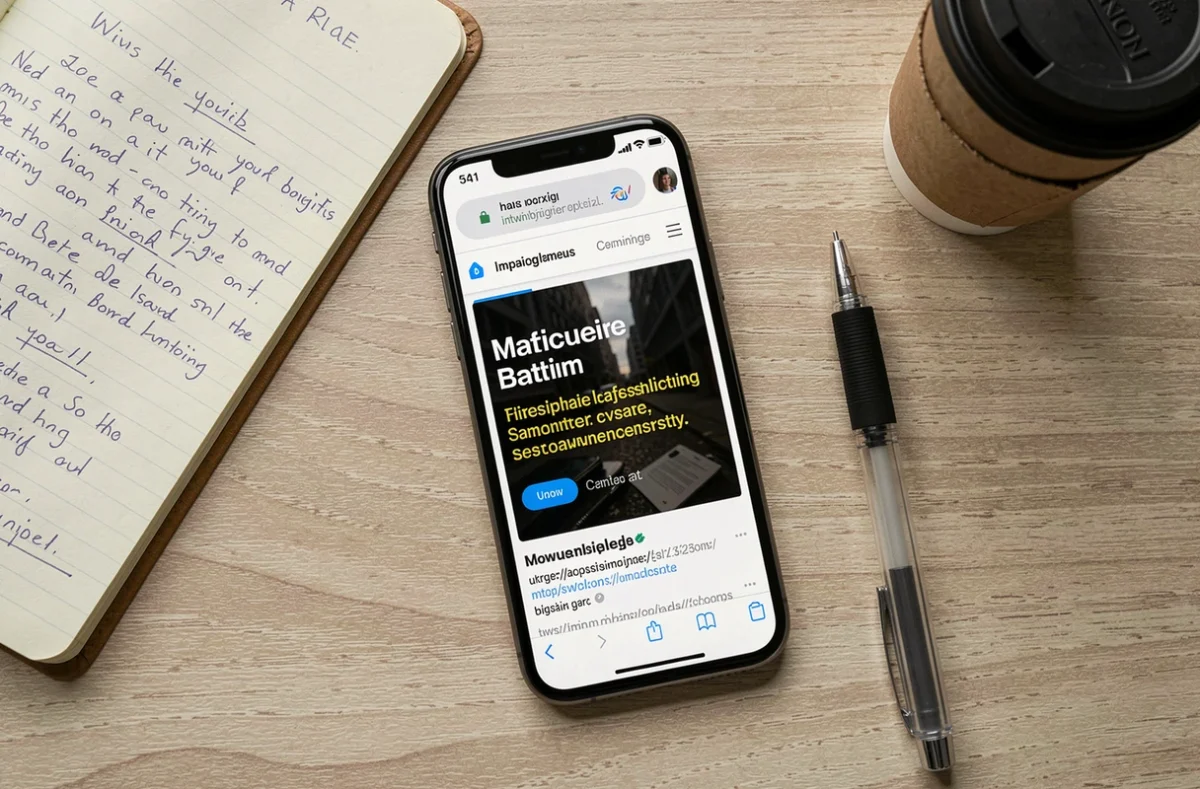 Vue aérienne d'un bureau avec smartphone affichant un URL suspect, carnet de notes et stylo, évoquant une enquête journalistique sur un site internet douteux