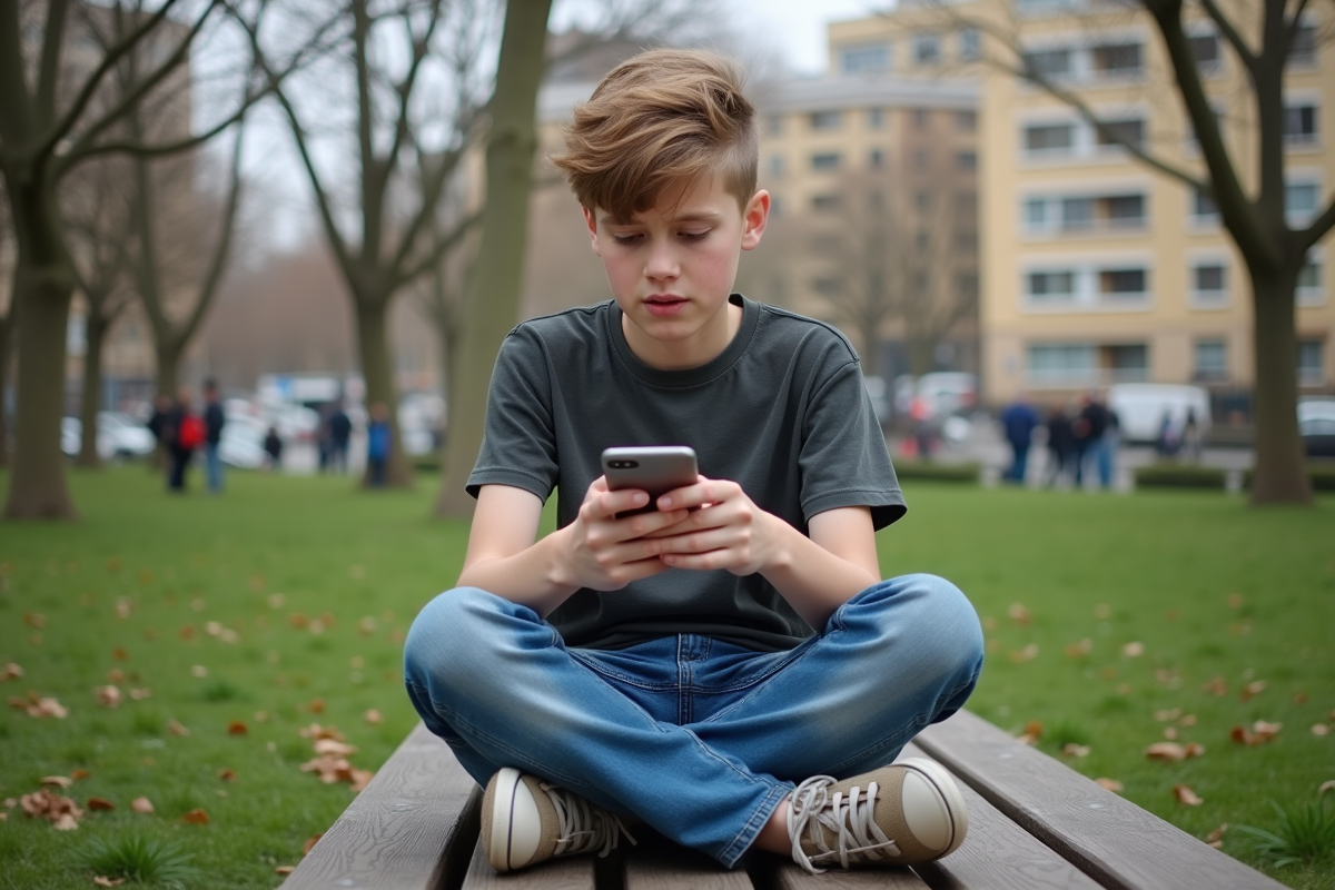 Adolescent assis sur un banc de parc regardant son smartphone