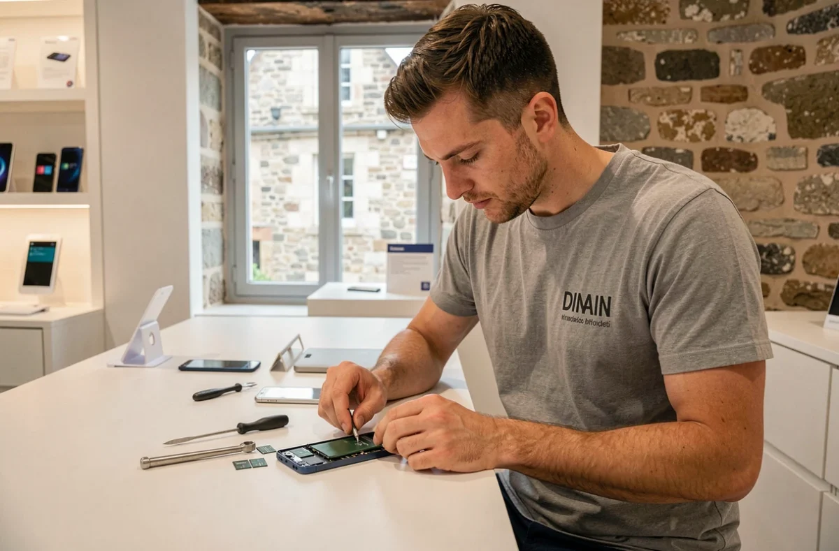 Technicien de Génération Smartphone à Dinan remplaçant la batterie d'un téléphone dans une boutique au cadre breton