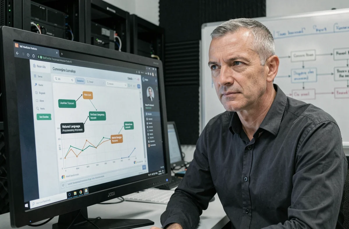 Ingénieur en R&D interagissant avec une interface d'IA conversationnelle dans un laboratoire technologique à Rennes pour Genesys