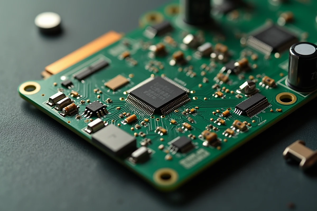 Gros plan sur une carte de circuit imprimé avec des puces microélectroniques et des connexions en cuivre dorées