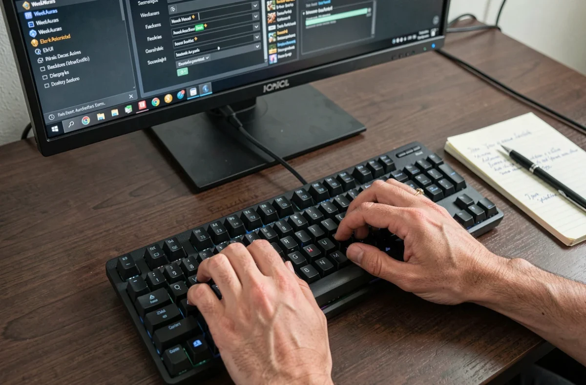 Gros plan sur les mains d'un joueur configurant des addons WoW avec des notes de débutant sur le bureau