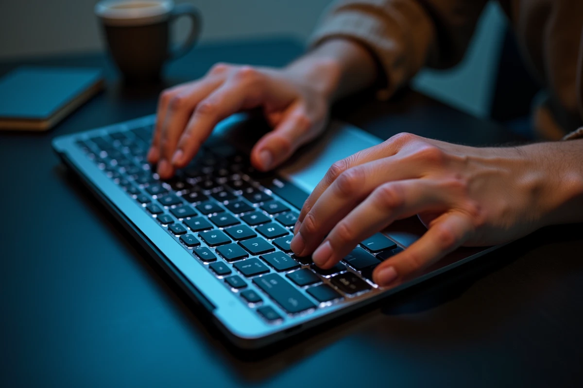 Gros plan sur des mains appuyant simultanément sur la touche Shift et une touche lettre d'un clavier rétroéclairé