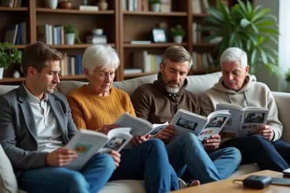 Groupe diversifié lisant des magazines tech dans un salon cosy