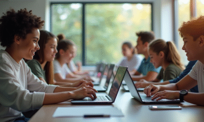 Groupe de lycéens en classe lumineuse et moderne