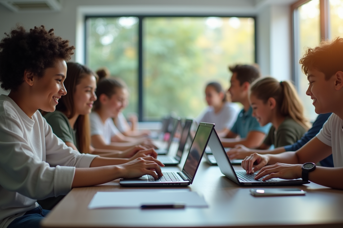 Groupe de lycéens en classe lumineuse et moderne