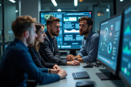 Groupe de professionnels autour d'un ordinateur quantique en laboratoire