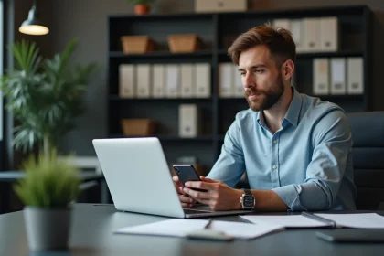 Homme d'affaires en bureau moderne avec ordinateur portable