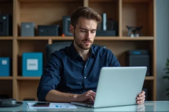 Jeune homme d'affaires analysant des graphiques de coûts dans un bureau moderne