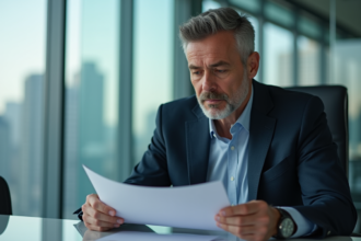 Homme d'affaires en costume examine une politique de cybersécurité