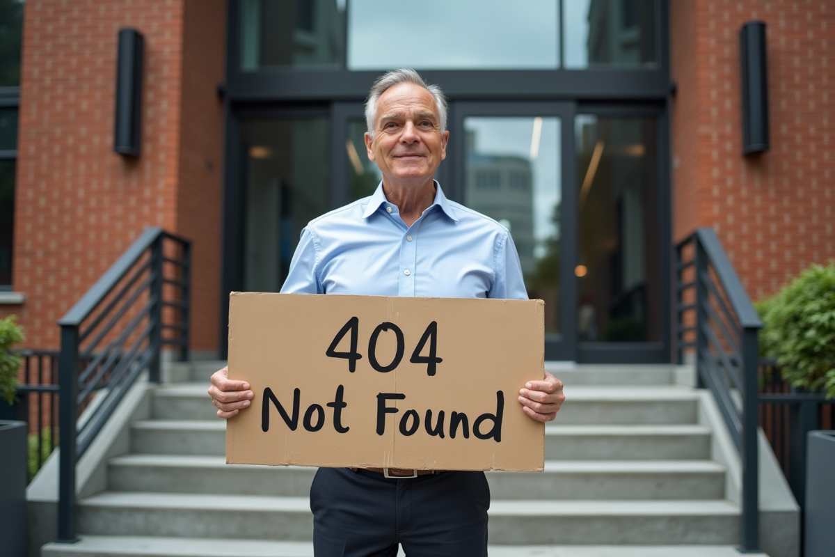 Homme dehors tenant une affiche 404 Not Found humoristique