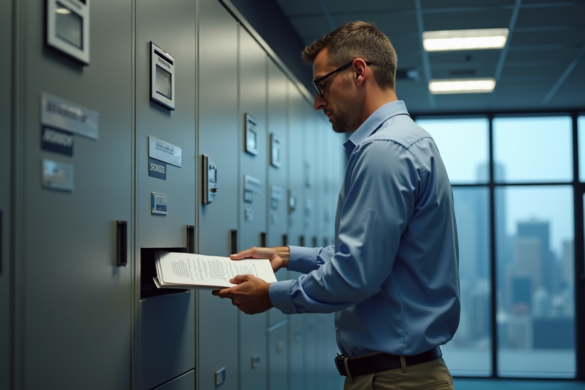 Homme rangeant un dossier confidentiel dans une archive moderne