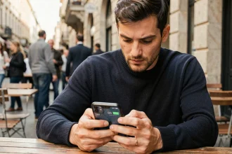 Homme consultant les statistiques d'autonomie de son iPhone dans un café en terrasse urbaine